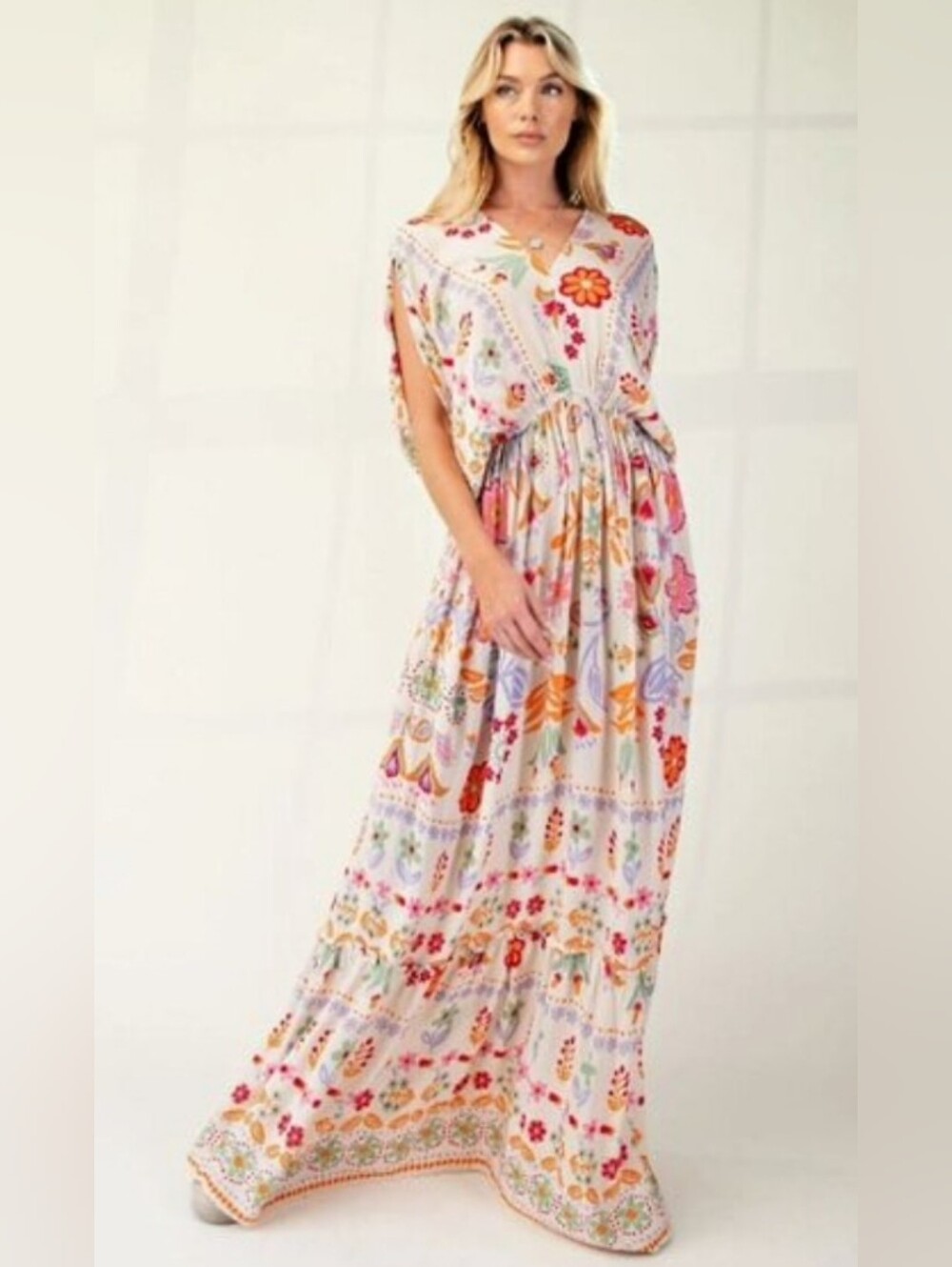 9-0515 Easel Floral Maxi Dress in Cream with Multicolor Floral Print